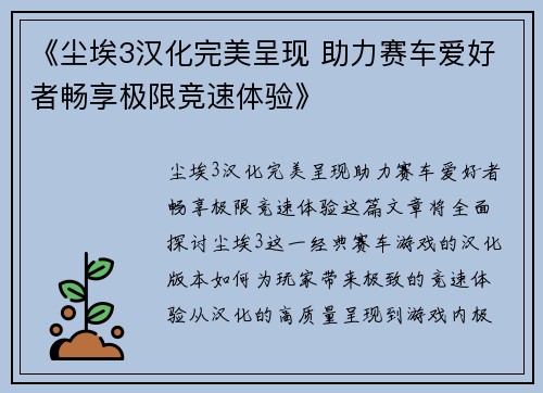《尘埃3汉化完美呈现 助力赛车爱好者畅享极限竞速体验》